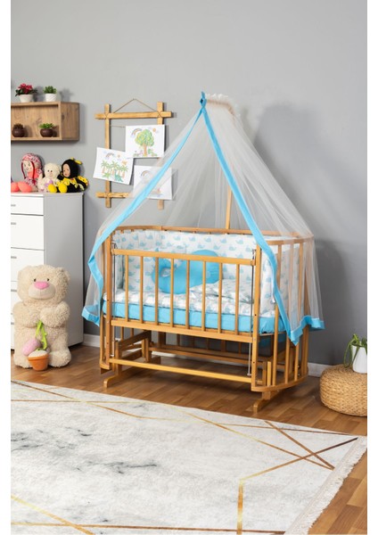 Ahşap Beşik Anne Yanı Yeni Doğan Papatya Doğal Bebek Beşiği Mavi Balina Uyku Setli modelleri