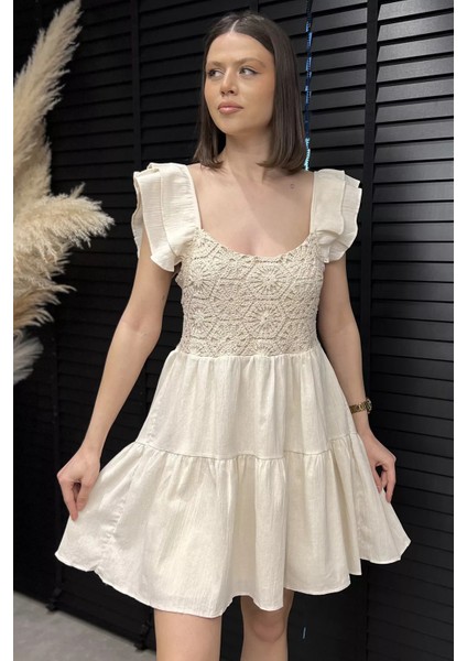 Güpürlü Sıfır Kol Keten Elbise P-00016631