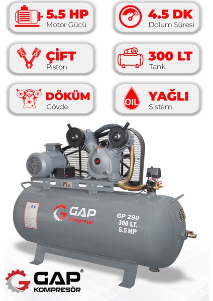 Hava Kompresörü Pistonlu 300LT 2 Kafa 8 Bar 5.5 Hp GP290
