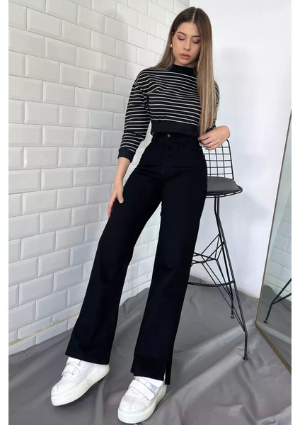 Yüksek Bel Yırtmaç Detaylı Bol Paça Kadın Jean Pantolon P-00008984