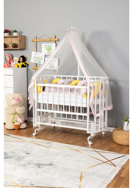 Ahşap Beşik Anne Yanı Yeni Doğan Papatya Beyaz Bebek Beşiği Pembe Sarı Örgü Uyku Setli+Teker