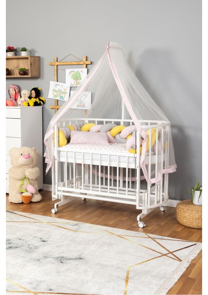 Ahşap Beşik Anne Yanı Yeni Doğan Papatya Beyaz Bebek Beşiği Pembe Sarı Örgü Uyku Setli+Teker fiyatları