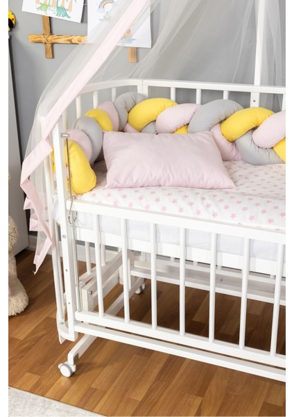 Ahşap Beşik Anne Yanı Yeni Doğan Papatya Beyaz Bebek Beşiği Pembe Sarı Örgü Uyku Setli+Teker modelleri
