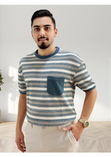 Erkek Bisiklet Yaka Cep Detaylı Yeni Sezon Trend Çizgili Örme T-Shirt