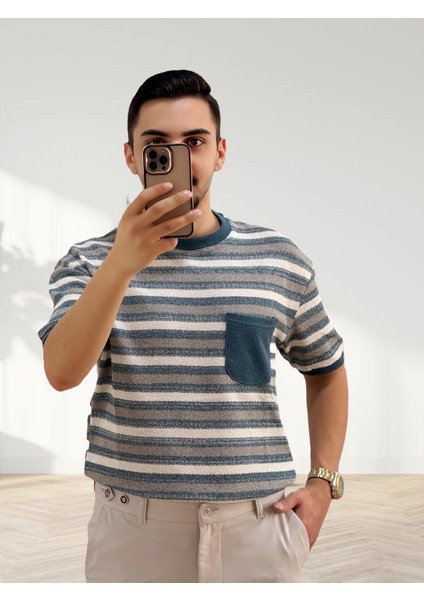 Erkek Bisiklet Yaka Cep Detaylı Yeni Sezon Trend Çizgili Örme T-Shirt