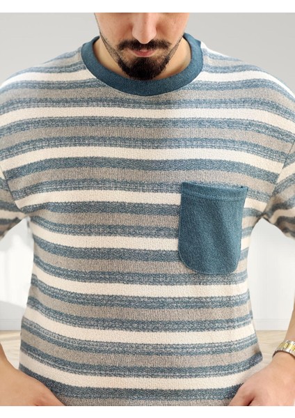 Erkek Bisiklet Yaka Cep Detaylı Yeni Sezon Trend Çizgili Örme T-Shirt