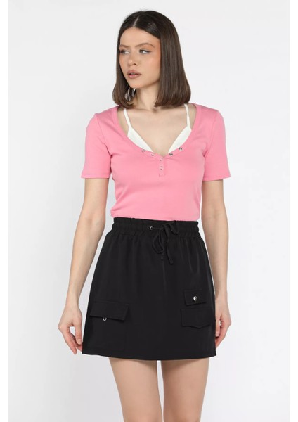 Kadın Bel Lastikli Cep Detaylı Mini Etek P-00016566