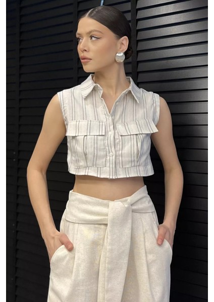 Kadın Çift Cepli Çizgi Desenli Sıfır Kol Keten Crop Top Gömlek P-00016562