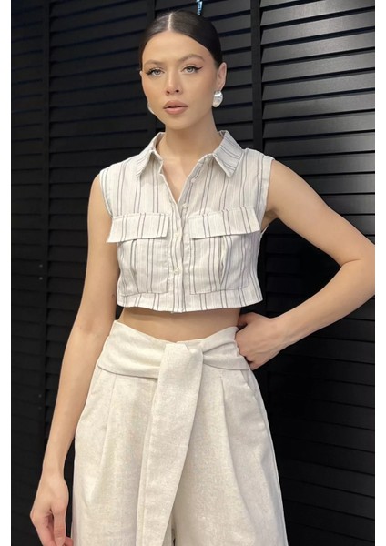 Kadın Çift Cepli Çizgi Desenli Sıfır Kol Keten Crop Top Gömlek P-00016562 fiyatları
