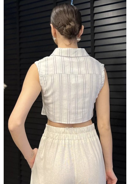 Kadın Çift Cepli Çizgi Desenli Sıfır Kol Keten Crop Top Gömlek P-00016562 modelleri