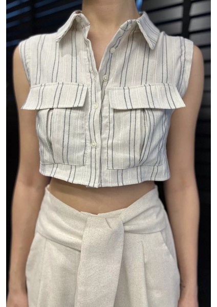 Kadın Çift Cepli Çizgi Desenli Sıfır Kol Keten Crop Top Gömlek P-00016562 fırsatları