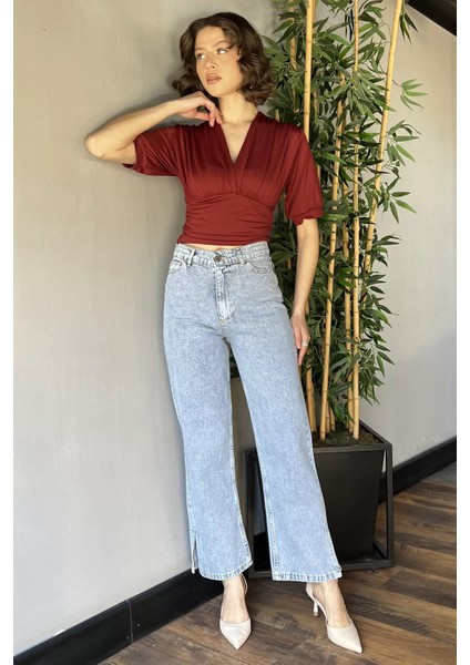 Yüksek Bel Yırtmaç Detaylı Bol Paça Kadın Jean Pantolon P-00008984 fiyatları