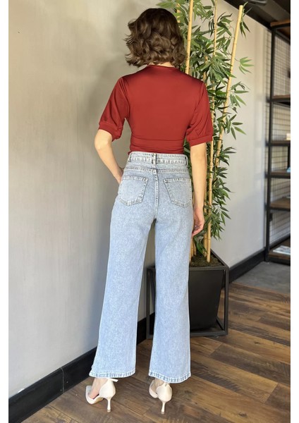 Yüksek Bel Yırtmaç Detaylı Bol Paça Kadın Jean Pantolon P-00008984 modelleri