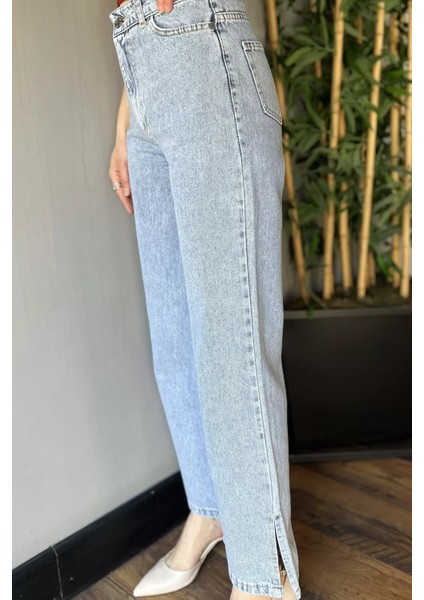 Yüksek Bel Yırtmaç Detaylı Bol Paça Kadın Jean Pantolon P-00008984 fırsatları