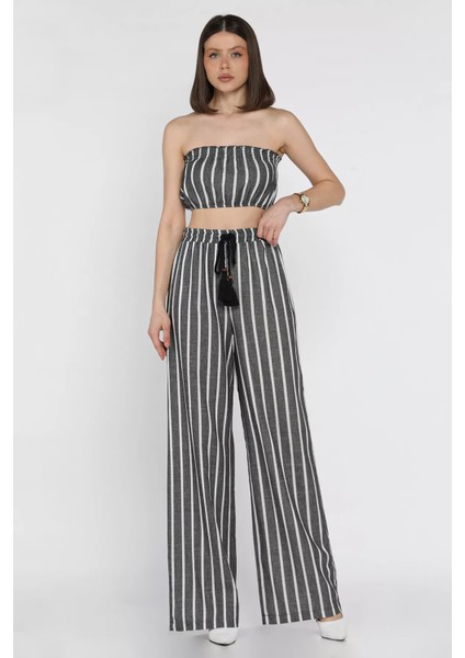 Kadın Çizgi Desenli Straplez Crop Top Bluz Palazzo Pantolon Ikili Takım P-00016546