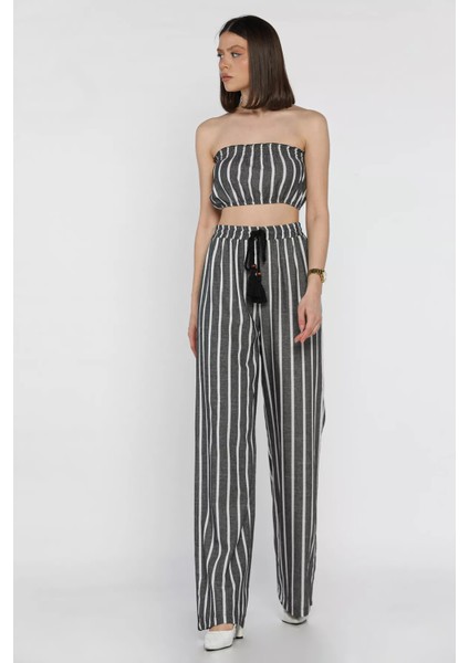 Kadın Çizgi Desenli Straplez Crop Top Bluz Palazzo Pantolon Ikili Takım P-00016546 fiyatları