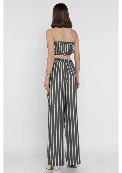 Kadın Çizgi Desenli Straplez Crop Top Bluz Palazzo Pantolon Ikili Takım P-00016546 modelleri