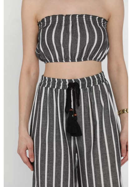 Kadın Çizgi Desenli Straplez Crop Top Bluz Palazzo Pantolon Ikili Takım P-00016546 fırsatları