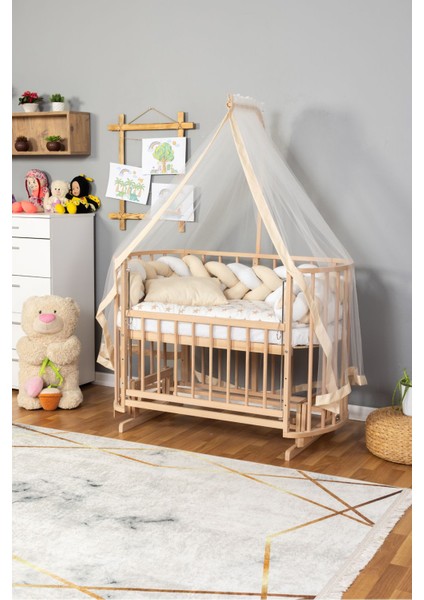 Ahşap Beşik Anne Yanı Yeni Doğan Papatya Organik Bebek Beşiği Krem Örgü Uyku Setli modelleri