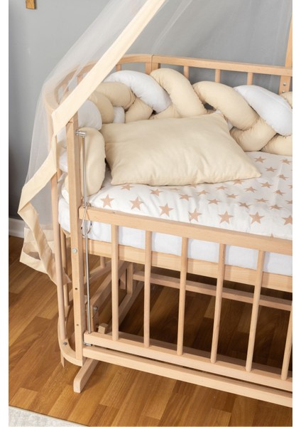 Ahşap Beşik Anne Yanı Yeni Doğan Papatya Organik Bebek Beşiği Krem Örgü Uyku Setli
