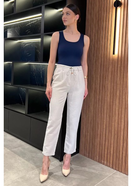 Kadın Yüksek Bel Duble Paça Keten Pantolon P-00016598