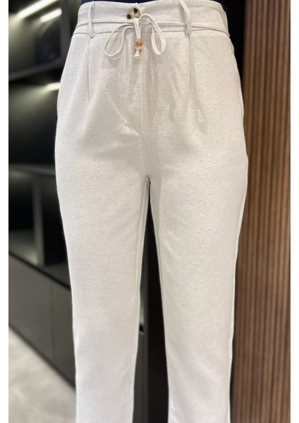 Kadın Yüksek Bel Duble Paça Keten Pantolon P-00016598