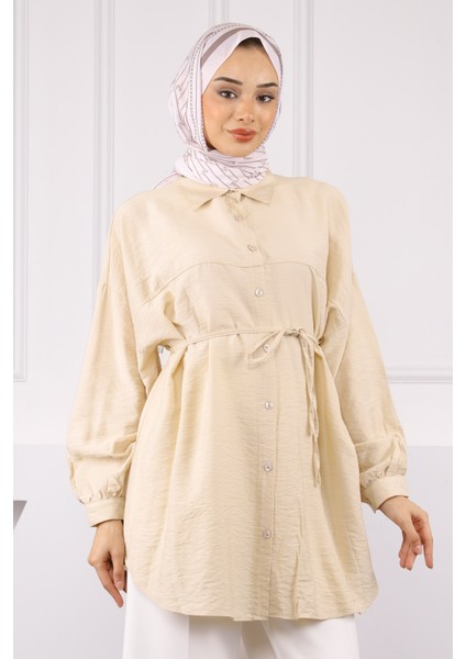 Bej Beli Ip Detaylı Tunik