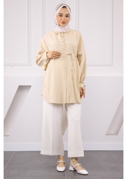 Bej Beli Ip Detaylı Tunik modelleri