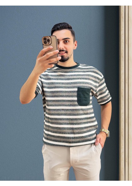 Erkek Bisiklet Yaka Cep Detaylı Yeni Sezon Trend Çizgili Örme T-Shirt