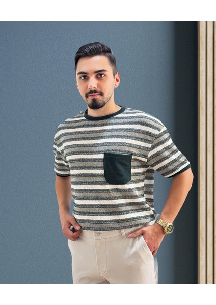 Erkek Bisiklet Yaka Cep Detaylı Yeni Sezon Trend Çizgili Örme T-Shirt fiyatları