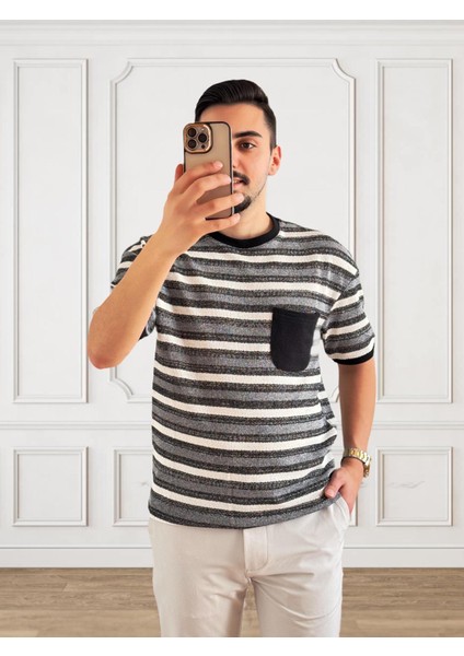 Erkek Bisiklet Yaka Cep Detaylı Yeni Sezon Trend Çizgili Örme T-Shirt