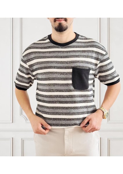 Erkek Bisiklet Yaka Cep Detaylı Yeni Sezon Trend Çizgili Örme T-Shirt fiyatları