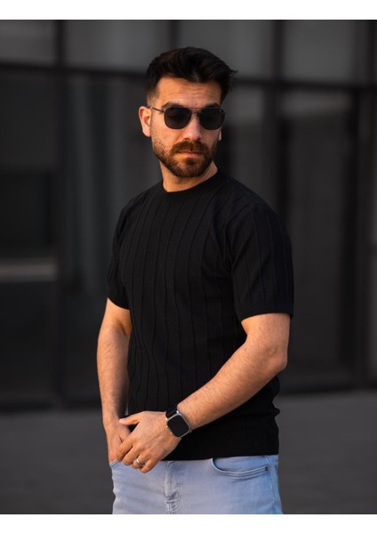 Fitilli Örme Triko Tişört ( Manken BOY:183 Kilo:82 Beden:m)