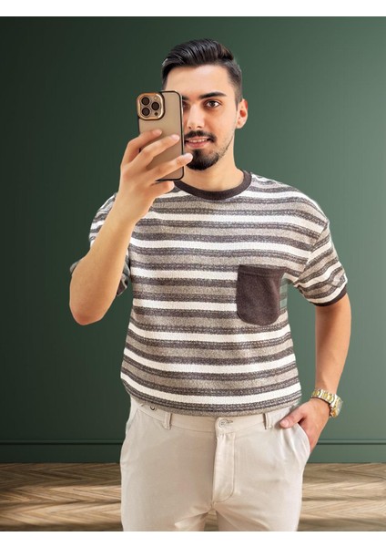 Erkek Bisiklet Yaka Cep Detaylı Yeni Sezon Trend Çizgili Örme T-Shirt