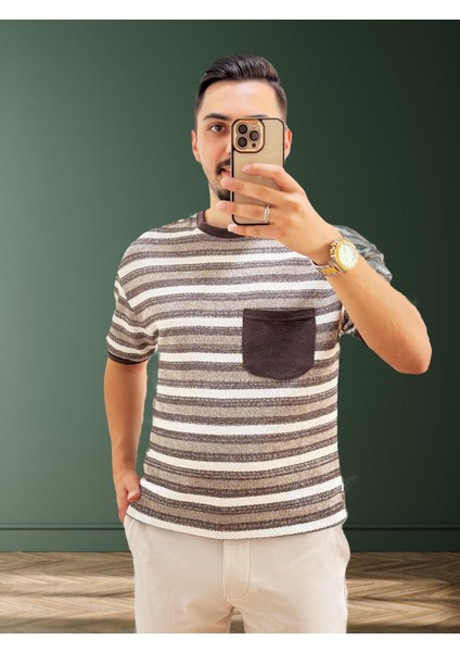 Erkek Bisiklet Yaka Cep Detaylı Yeni Sezon Trend Çizgili Örme T-Shirt fiyatları