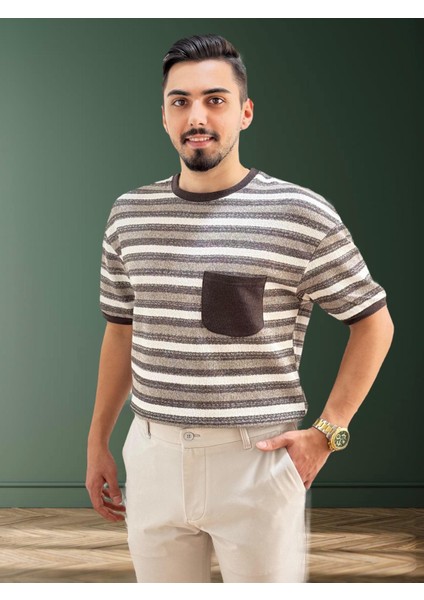 Erkek Bisiklet Yaka Cep Detaylı Yeni Sezon Trend Çizgili Örme T-Shirt modelleri