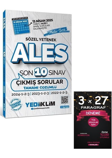 Yediiklim Ales Master Sözel Yetenek Çıkmış Sorular Son 10 Sınav Çözümlü+Anla Kazan Paragraf