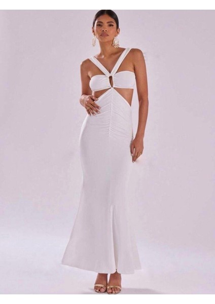 Beyaz Halter Yaka Cut-Out Nişan After Elbise