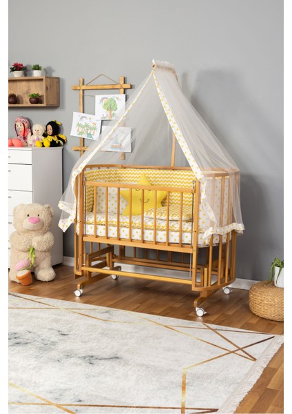 Ahşap Beşik Anne Yanı Yeni Doğan Papatya Doğal Bebek Beşiği Sarı Yıldız Uyku Setli + Tekerlekli