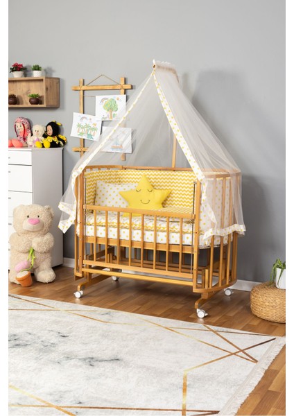 Ahşap Beşik Anne Yanı Yeni Doğan Papatya Doğal Bebek Beşiği Sarı Yıldız Uyku Setli + Tekerlekli fiyatları