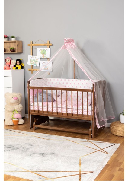 Ahşap Beşik Anne Yanı Yeni Doğan Tutku Ceviz Bebek Beşiği Pempe Yıldız Uyku Setli