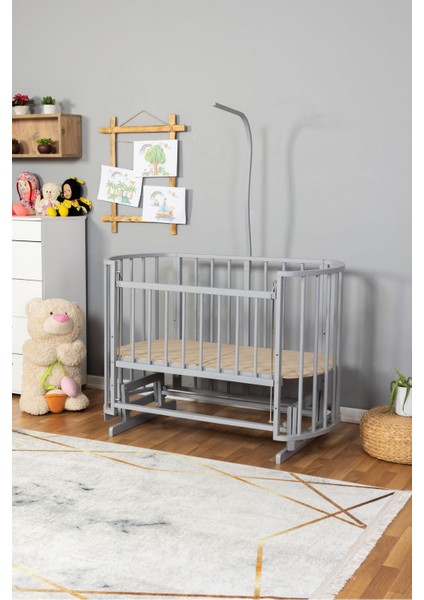 Ahşap Beşik Anne Yanı Yeni Doğan Papatya Gri Bebek Beşiği Uyku Setsiz