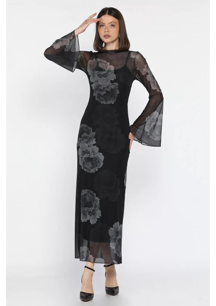 Gül Desenli Içlik Kombinli Tül Elbise P-00016640