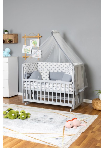 Ahşap Beşik Anne Yanı Yeni Doğan Asya Gri Bebek Beşiği Gri Balina Uyku Setli