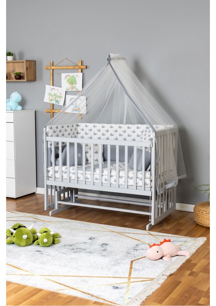 Ahşap Beşik Anne Yanı Yeni Doğan Asya Gri Bebek Beşiği Gri Balina Uyku Setli modelleri