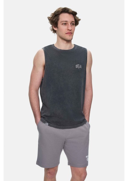 Elton Siyah Bisiklet Yaka Sıfır Kol Yıkamalı Baskılı Oversize Erkek Tshirt