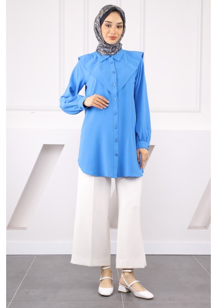 Saks Mavi Ön Detaylı Linda Tunik