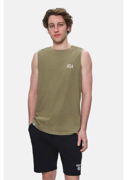Elton Koyu Haki Bisiklet Yaka Sıfır Kol Yıkamalı Baskılı Oversize Erkek Tshirt