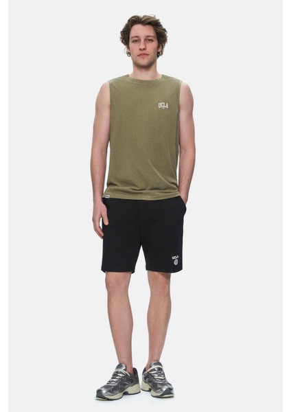 Elton Koyu Haki Bisiklet Yaka Sıfır Kol Yıkamalı Baskılı Oversize Erkek Tshirt