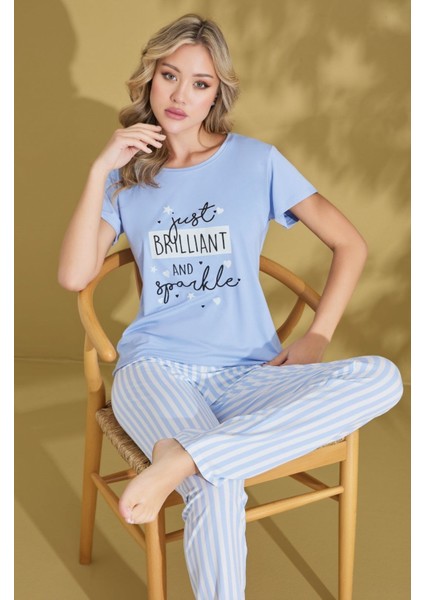 Kadın Desenli V Yaka Düğmesiz Yazlık Viskon Kısa Kol Pijama Takımı